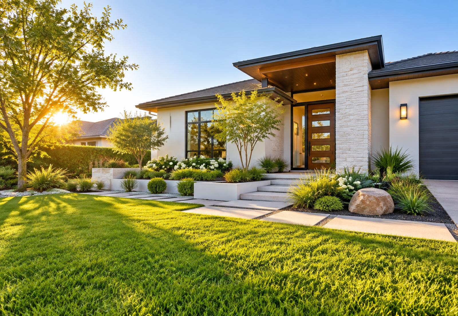 A completed home renovation on a bright summer day